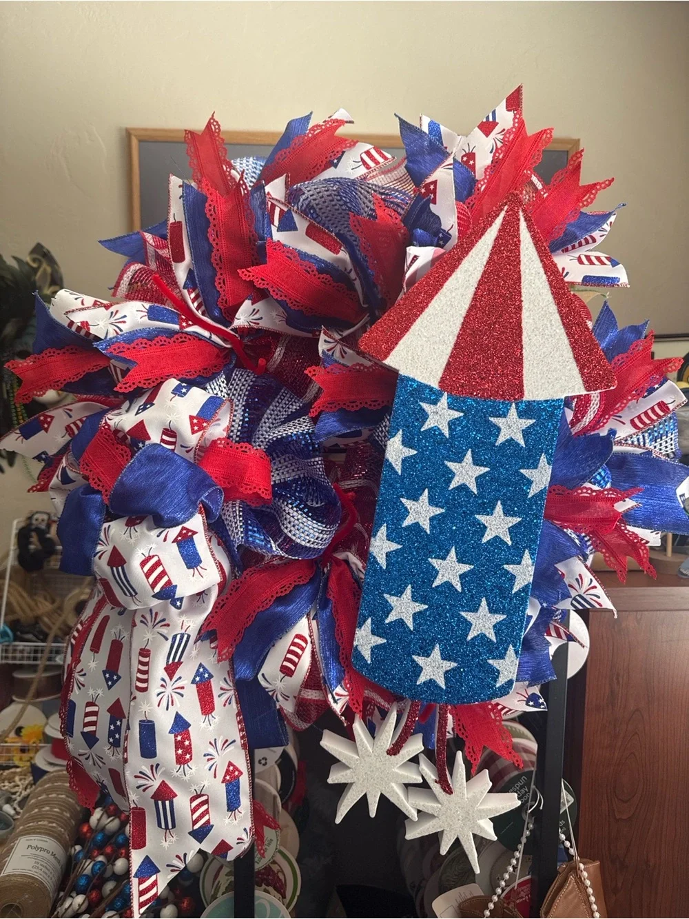 Hand Crafted Red, White & Blue Patriotic Firework Wreath
